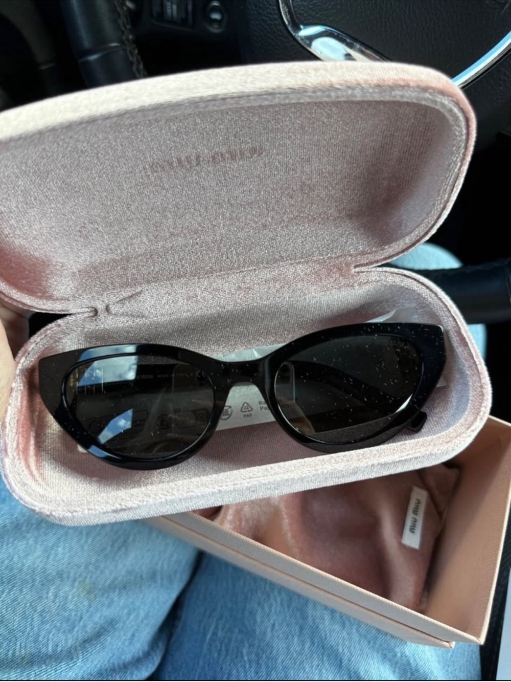Miu Miu Black Cat-Eye Sunglasses with Pink Velvet Case